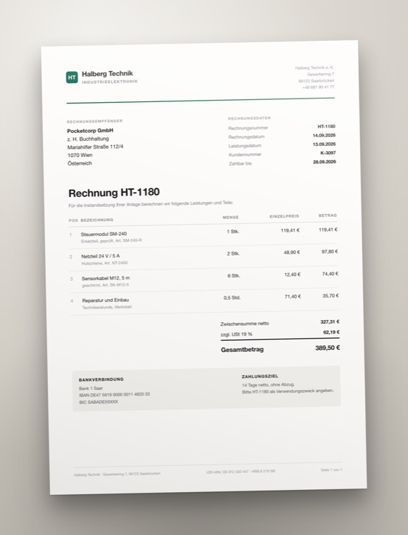Photo of a paper invoice from Halberg Technik, total 389.50 euro