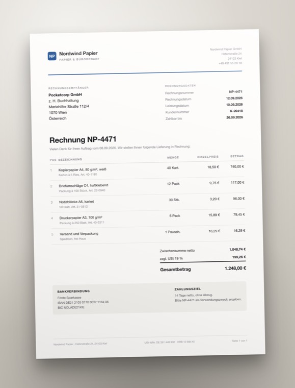 Photo of a paper invoice from Nordwind Papier, total 1,248.00 euro