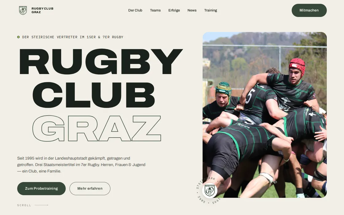 The website rugbygraz.at, built with POCKETCORP